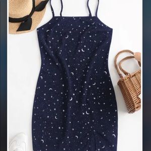 NWT&SOLD OUT zaful moon and star metallic thread cami slit dress